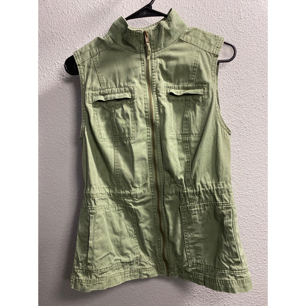 Merona Womens Utility Vest Olive Green Military Full Zip Cinched Waist Small